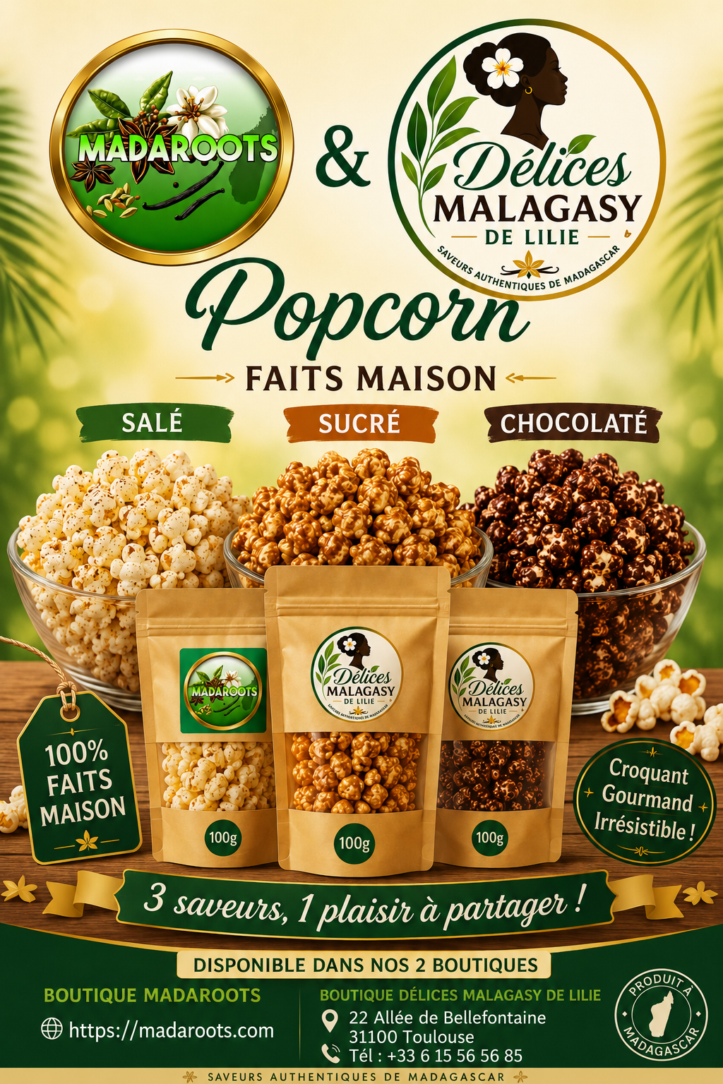 POPCORNE  FAIT MAISON : SALE -SUCRE -CHOCOLATE